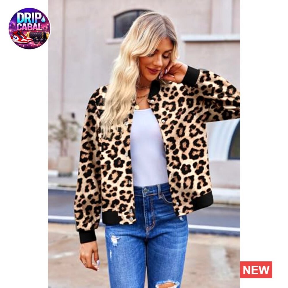 Leopard Bomber Jacket Lightweight Varsity Button Down Short Casual Spring - Picture 3 of 7
